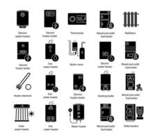 Heating glyph icons set. Boilers, radiators, thermostat. Gas, electric, solid fuel, pellet, solar boilers. Commercial, industrial and domestic central heating systems. Vector isolated illustration