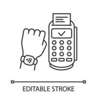 NFC smartwatch linear icon. Payment terminal. Thin line illustration. Smart wristwatch. Contactless payment with NFC smartwatch. Contour symbol. Vector isolated outline drawing. Editable stroke