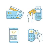 NFC payment color icons set. Credit cards, POS terminal, pay with smartphone. Isolated vector illustrations