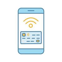 NFC smartphone signal color icon. NFC phone. Near field communication. Mobile phone contactless payment. Telephone screen with credit card. Isolated vector illustration