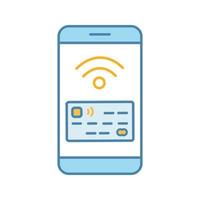 NFC smartphone signal color icon. NFC phone. Near field communication. Mobile phone contactless payment. Telephone screen with credit card. Isolated vector illustration