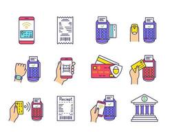 NFC payment color icons set. Electronic money. Cashless and contactless payments. Digital purchase. Online banking. Near Field Communication technology. Isolated vector illustrations