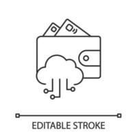 E-wallet linear icon. Online money. Thin line illustration. E-payment. Digital wallet and cashless payments. Cloud computing. Contour symbol. Vector isolated outline drawing. Editable stroke