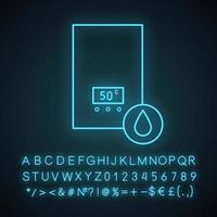 Icono de luz de neón de calentador de agua eléctrico. calentando agua. caldera casera. signo brillante con alfabeto, números y símbolos. vector ilustración aislada