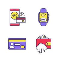 E-payment color icons set. NFC smartwatch, pay with smartphone, e-wallet, credit card. Isolated vector illustrations