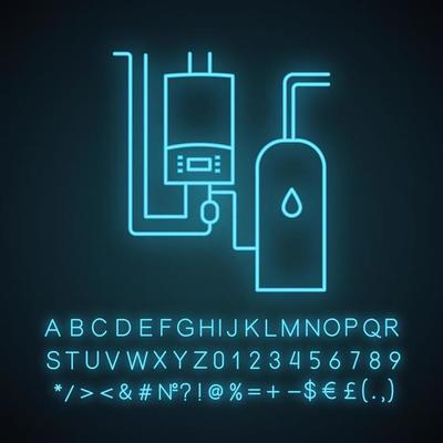 Boiler room neon light icon. Workshops, stores, pavilions, salons heating. Commercial or industrial central heating system. Glowing sign with alphabet, numbers and symbols Vector isolated illustration