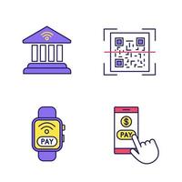 conjunto de iconos de color de pago electrónico. banca en línea, escáner de código qr, reloj inteligente nfc, pago con teléfono inteligente. ilustraciones de vectores aislados