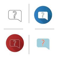 Live help chat icon. FAQ. Contact support. Discussion forum. Speech bubble with question mark. Flat design, linear and color styles. Isolated vector illustrations