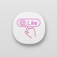 Like button click app icon. Positive comment. Hand pressing button. UI UX user interface. Web or mobile application. Vector isolated illustration