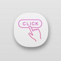 Click button app icon. UI UX user interface. Webpage navigation. Hand pressing button. Web or mobile application. Vector isolated illustration