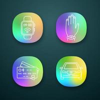 NFC technology app icons set. Near field smartwatch, bracelet, credit cards, car. UI UX user interface. Web or mobile applications. Vector isolated illustrations