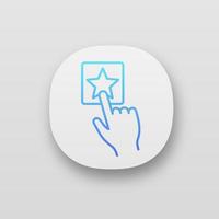 Add to favorite button click app icon. UI UX user interface. Bookmark. Hand pressing button. Web or mobile application. Vector isolated illustration