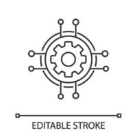 Digital settings linear icon. Technological progress and innovation. Thin line illustration. Gear. Machine learning. Cogwheel in chipset pathways. Vector isolated outline drawing. Editable stroke