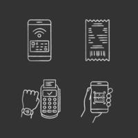 NFC payment chalk icons set. Cash receipt, QR code scanner, NFC smartphone and smartwatch. Isolated vector chalkboard illustrations