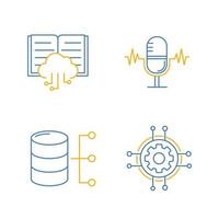 conjunto de iconos lineales de color de aprendizaje automático. reconocimiento de voz, computación en la nube, base de datos relacional, escenarios digitales. ilustraciones de líneas finas. ilustraciones de vectores aislados