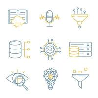 Machine learning color linear icons set. Artificial intelligence. Database. AI. Digital technology. Thin line illustrations. Isolated vector illustrations