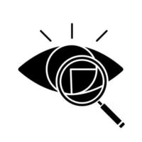 Retina scan glyph icon. Iris recognition. Silhouette symbol. Eye scanning. Biometric identification. Optical recognition. Vision diagnostic. Negative space. Vector isolated illustration