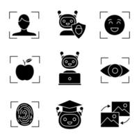 Machine learning glyph icons set. Artificial intelligence. Chatbot, face, retina, fingerprint identification. Silhouette symbols. Vector isolated illustration