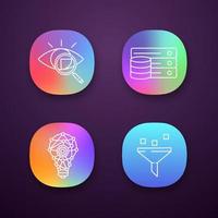 Machine learning app icons set. Retina scan, database, innovation process, data filtering. UI UX user interface. Web or mobile applications. Vector isolated illustrations