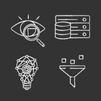 Machine learning chalk icons set. Retina scan, database, innovation process, data filtering. Isolated vector chalkboard illustrations