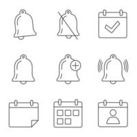 UI UX linear icons set. Notifications modes, complete day, alarm, reminder, calendar, date range, contact. Thin line contour symbols. Isolated vector outline illustrations