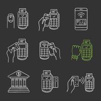 NFC payment chalk icons set. Pay with smartphone and credit card, online banking, POS terminal, NFC smartwatch and manicure. Isolated vector chalkboard illustrations