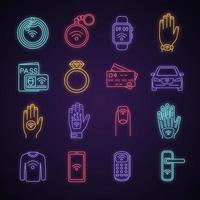 NFC technology neon light icons set. Near field communication. RFID and nfc tag, sticker, phone, trinket, ring, implant. Contactless technology. Glowing signs. Vector isolated illustrations