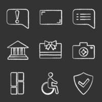 UI UX chalk icons set. Announcement, aspect ratio, speech bubble, account balance, gift card, camera enhance, dashboard, accessible, secured. Isolated vector chalkboard illustrations