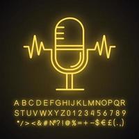 Speech recognition neon light icon. Voice command control. Microphone. Sound recording. Glowing sign with alphabet, numbers and symbols. Vector isolated illustration