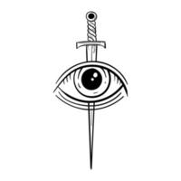 ilustración de garabato de espada de ojo dibujado a mano para cartel de pegatinas de tatuaje, etc. vector