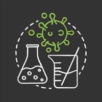 Science lab chalk concept icon. Virologyidea. Study of viruses. Laboratory flask and beaker, virus cell. Vector isolated chalkboard illustration