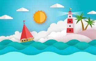 Lighthouse on Sea Beach in Paper Art Style vector