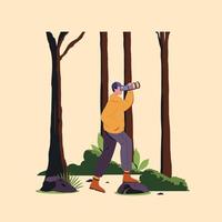 jóvenes excursionistas parados en la roca y mirando el bosque. ilustración de turismo de estilo de vida saludable de senderismo de aventura, viaje de hombre de trekking. vector