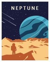 planet Neptune in outer space with astronaut vector illustration for poster, background, art print, postcard