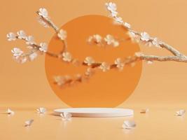 3d minimal display podiums with cherry blossom flower or Sakura against orange background. 3d rendering of realistic presentation for product advertising. 3d minimal illustration. photo