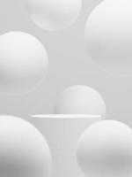 Podio de visualización de cilindro mínimo 3d entre la esfera blanca sobre fondo blanco. Representación 3D de presentación realista para publicidad de productos. Ilustración mínima 3d. foto