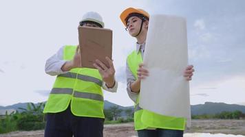 Asian young Engineer architecture wear safety vest helmet working together at construction site, construction expertise working field, teamwork colleague, digital tablet blueprints paper working gear