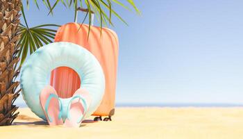 Suitcase and inflatable ring on beach photo