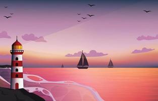 Seashore View on Sunset With Lighthouse and Ships vector