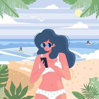 mujer jugar smartphone en el concepto de playa vector