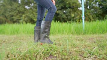 Close up fit jean legs in dirty rubber boots walks across a grass field along the green path on sunny day, an agriculture activity, hiking boots, a traveler travels outdoors in nature in summer time