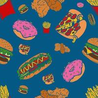 Flat Doodle Junk Food Seamless Pattern Retro Background vector