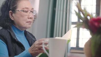 gammal asiatisk kvinna läser bok och dricker varmt te medan hon är hemma, avslappningskänsla, fokuserar koncentrera sig medan man läser, ålderdomsinlärning, fritidsavkoppling, lycklig pensionering medelålders hemmafru video