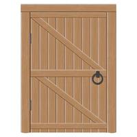 Old wooden massive closed gates, vector illustration. Double door with iron handles and hinges