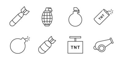 colección de icono explosivo. elemento de diseño de línea simple de bomba, granada y cohete vector