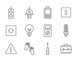 conjunto de cosas simples de electricidad en iconos de línea vectorial