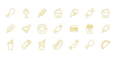 conjunto de diseño de icono de comida simple, ilustración de dibujos animados lindo del restaurante de menú en estilo de contorno. vector