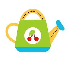 Garden watering can green with cherry Gardening agriculture Vector illustration isolated on white background