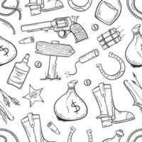 A pattern with elements of the wild West in the doodle style on a white background Vector illustration