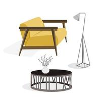 Modern interior furniture set armchair, lamp, coffee table Vector illustration in flat style isolated